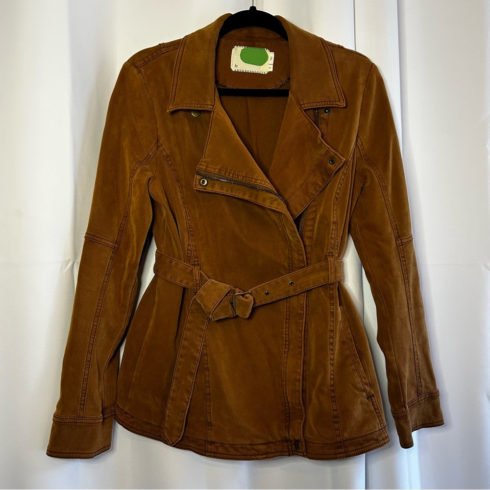 Anthropologie M Brown Everyday Belted Moto Jacket Trench Coat - Picture 2 of 11